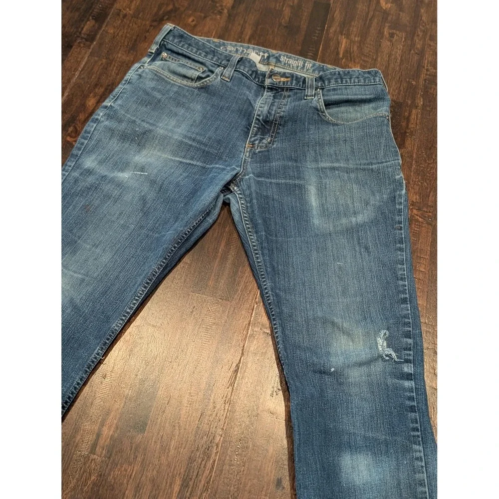 Carhartt Jeans Mens 34x34 Blue Rugged Flex Straight Leg Stretch Denim Paint - Picture 4 of 16